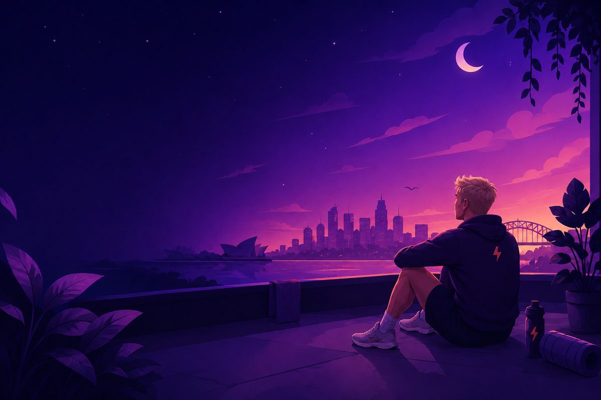 A runner sitting on a rooftop at night, looking out over the city